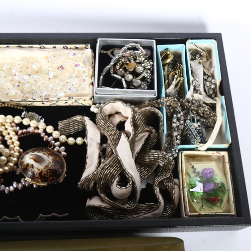 933 - A tray of Vintage costume jewellery, including a Ledley 2-strand pearl necklace, an enamel panel bra... 