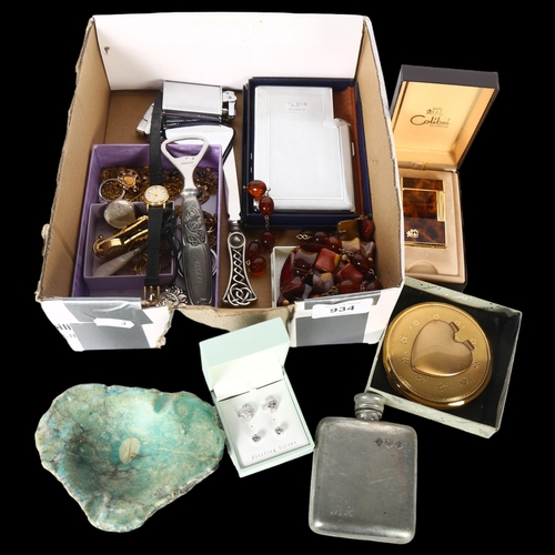 934 - A box of various costume jewellery etc, wristwatches, compacts etc