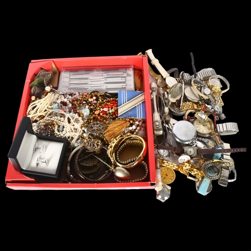 935 - A tray of mixed costume jewellery, bangles, badges, a box of various wristwatches, plated cutlery (2... 