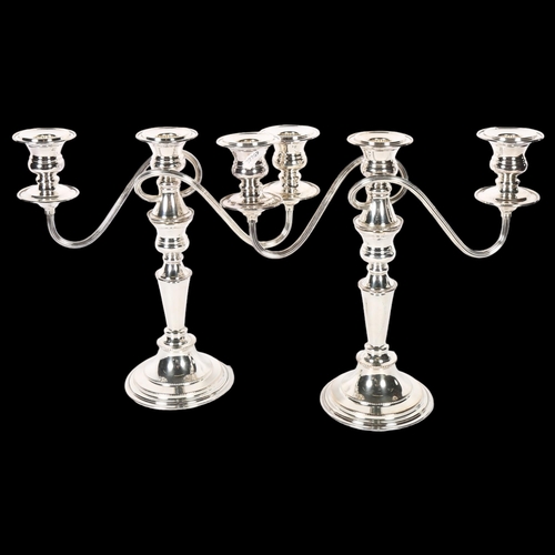 936 - A pair of silver plate on copper 2-branch table candelabras with bead edge, H28cm