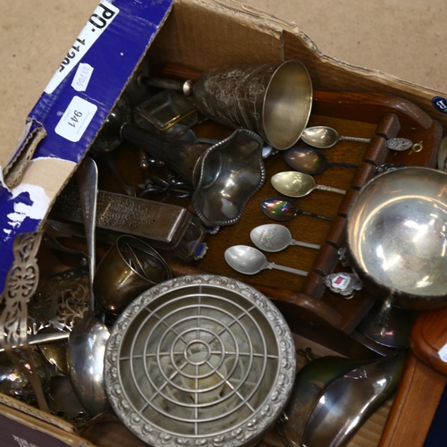 941 - Various plated collector's spoons, rose bowl, trumpet vase, cutlery etc (boxful)