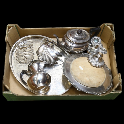 945 - A 3-piece silver plated tea set of half-fluted form, plated bread board, an oval serving tray etc (b... 