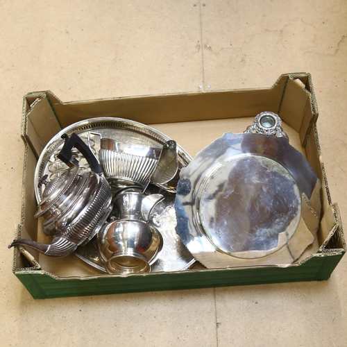 945 - A 3-piece silver plated tea set of half-fluted form, plated bread board, an oval serving tray etc (b... 