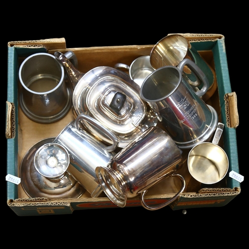 949 - A quantity of silver plated tankards, plated teapot etc (boxful)