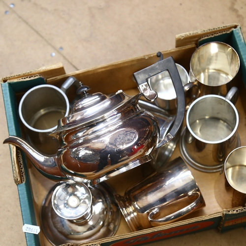 949 - A quantity of silver plated tankards, plated teapot etc (boxful)