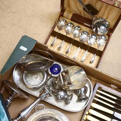 950 - A silver plated muffin dish and cover, cased cutlery, pair of electroplate on copper candlesticks et... 