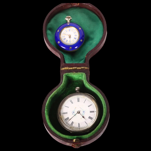 957 - A small lady's Continental silver and blue enamel fob watch, with enamel dial, and seed pearl decora... 