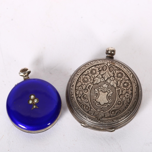 957 - A small lady's Continental silver and blue enamel fob watch, with enamel dial, and seed pearl decora... 