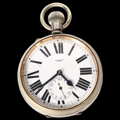 958 - S D NEIL LTD BELFAST - a chrome-cased Goliath pocket watch, with seconds hand, white enamelled dial ... 