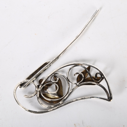 973 - JANINA - a Danish modernist floral design hair clip, unmarked white metal settings, L9cm