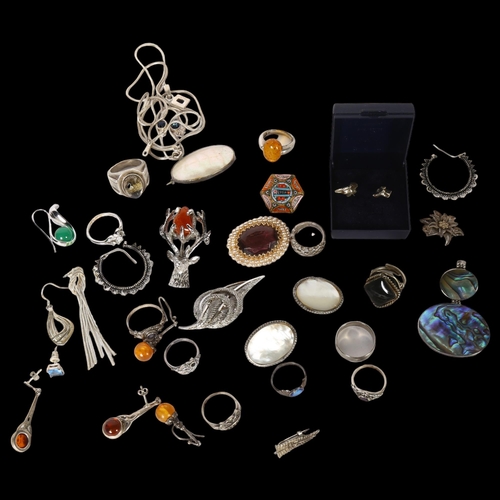 989 - A collection of silver stone set dress rings, micro-mosaic brooch, and other costume jewellery