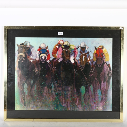 2826 - A large coloured print, the horse race, with signature to lower right corner, 69cm x 87cm overall, f... 