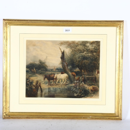 2831 - Peter De Wint OWS (1784 - 1849), horses by a pond, watercolour/body colour with scratching out, 26cm... 