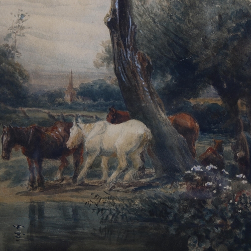 2831 - Peter De Wint OWS (1784 - 1849), horses by a pond, watercolour/body colour with scratching out, 26cm... 