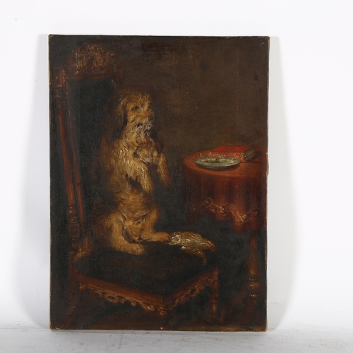 2839 - A Victorian oil on canvas, a dog standing on hind legs on a chair presenting a frog to owner, galler... 