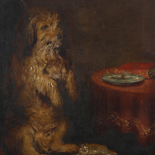 2839 - A Victorian oil on canvas, a dog standing on hind legs on a chair presenting a frog to owner, galler... 