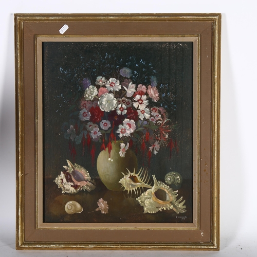 2840 - E M Dinkel, oil on board, still life vase of flowers, signed and dated 1973, 59cm x 51cm overall