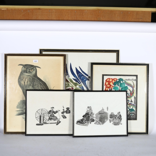 2843 - 4 woodblock prints, and a coloured owl print (5)