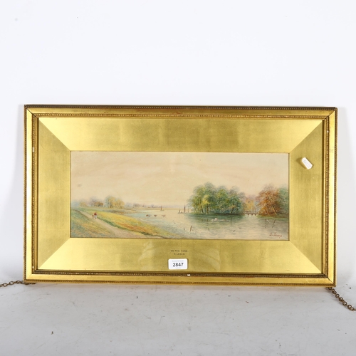 2847 - E Lewis, watercolour, panoramic river view, 37cm x 64cm overall, framed