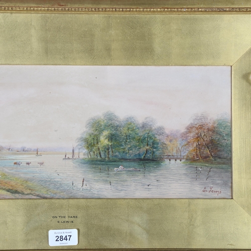 2847 - E Lewis, watercolour, panoramic river view, 37cm x 64cm overall, framed