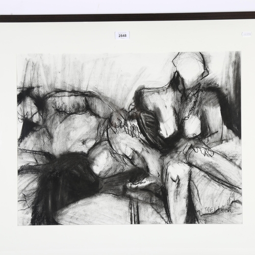 2848 - M E Wilson, crayon drawing, nude figures, 71cm x 84cm overall, framed