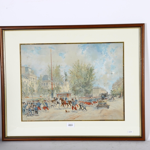 2851 - A pair of French lithographs, marching soldiers and street scene, by A Legras, original works by Edm... 