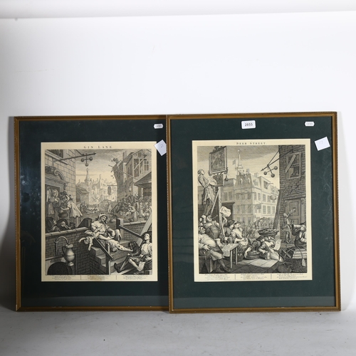 2855 - William Hogarth - 2 18th century engravings Beer Street and Gin Lane labels verso,  18th century mon... 