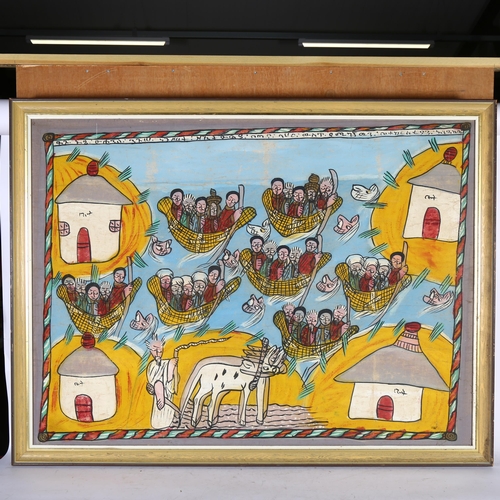 2860 - A gouache canvas laid on board, study of Middle Eastern boats, 107cm x 90cm overall, framed