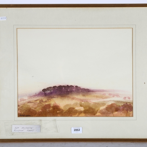 2862 - Ken Hildrew, watercolour and wash, study of Ashdown Forest, 49cm x 58cm overall, framed