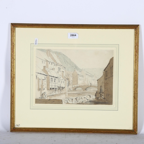 2864 - Miss F Duncombe, Continental riverside buildings, sepia watercolour, 20cm x 28cm, framed