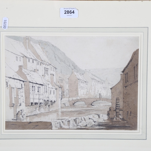 2864 - Miss F Duncombe, Continental riverside buildings, sepia watercolour, 20cm x 28cm, framed