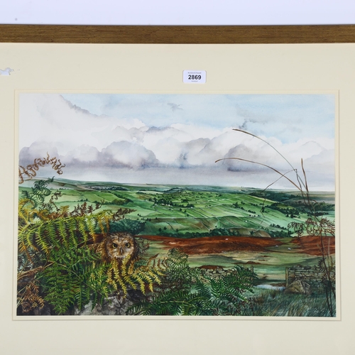 2869 - Lesley Fotherby (born 1936), owl in landscape, watercolour, 37cm x 52cm, framed