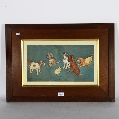 2871 - Early 20th century British School, group of puppies with a chick, watercolour, unsigned, 23cm x 42cm... 