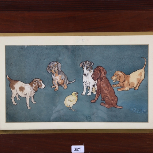 2871 - Early 20th century British School, group of puppies with a chick, watercolour, unsigned, 23cm x 42cm... 