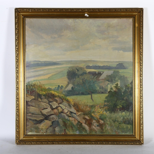 2874 - E Giessing, 20th century oil on canvas, panoramic hilltop view, 76cm x 71cm overall, framed