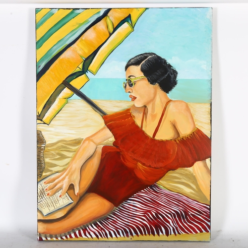 2875 - Clive Fredriksson, oil on canvas, study of a 1950s girl on the beach, 80cm x 60cm overall, unframed