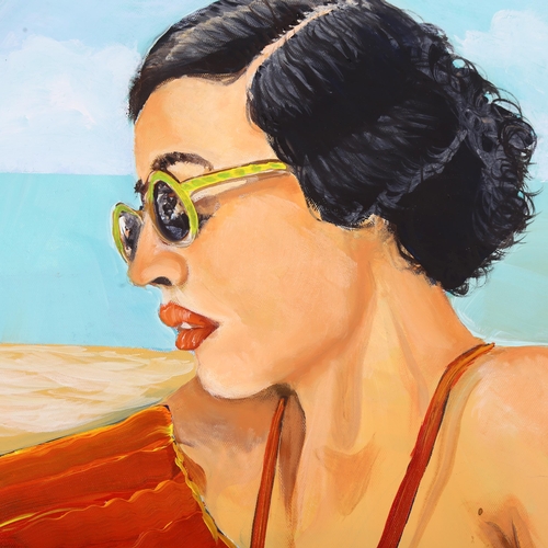 2875 - Clive Fredriksson, oil on canvas, study of a 1950s girl on the beach, 80cm x 60cm overall, unframed