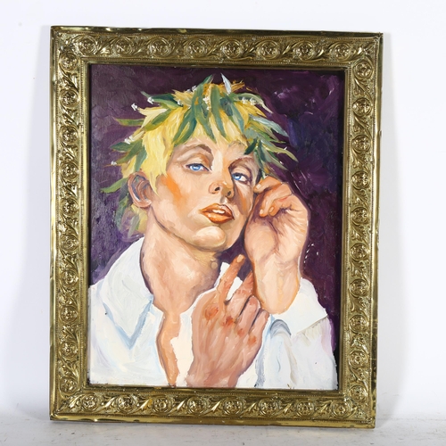 2891 - Clive Fredriksson, oil on board, portrait of a boy and garland, 57cm x 48cm overall, embossed brass-... 