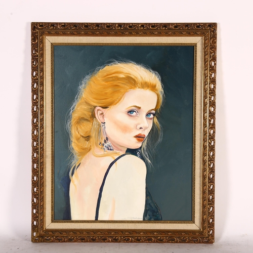 2892 - Clive Fredriksson, oil on board, portrait study of a lady with blonde hair, 62cm x 52cm overall, gil... 