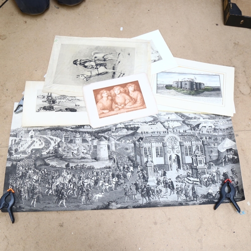 2896 - A group of Antique engravings, including Hastings fishing boats, South view of Sandown Castle etc