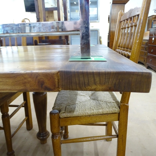 2167 - A large and impressive solid elm plank top farmhouse kitchen table with breadboard ends on turned le... 