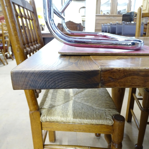 2167 - A large and impressive solid elm plank top farmhouse kitchen table with breadboard ends on turned le... 