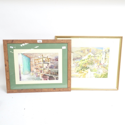 2885 - Janet Wolf, watercolour, a mouse in the potting shed, and a Rose Hill signed Limited Print, Port Isa... 