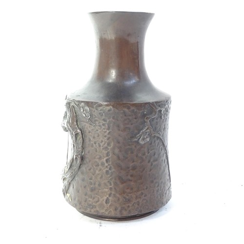 104 - A Japanese bronze vase with relief tree and gilt decoration in mallet form, height 15cm