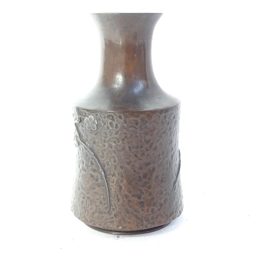 104 - A Japanese bronze vase with relief tree and gilt decoration in mallet form, height 15cm