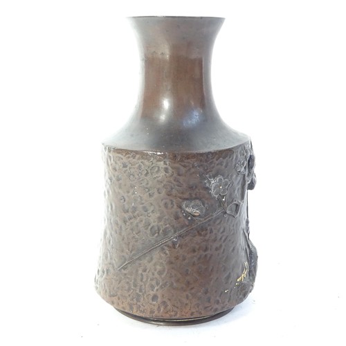 104 - A Japanese bronze vase with relief tree and gilt decoration in mallet form, height 15cm