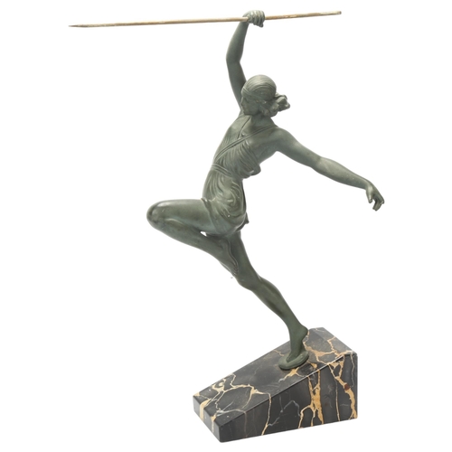 1 - Fayral (Pierre le Faguays) (1892 - 1962), Amazone Au Javelot, Art Deco verdigris patinated bronze on... 