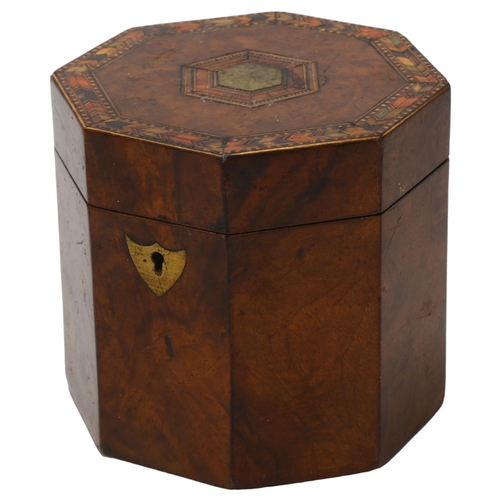 10 - 19th century walnut and parquetry inlaid octagonal tea caddy, with inner lid, width 11cm, height 11c... 