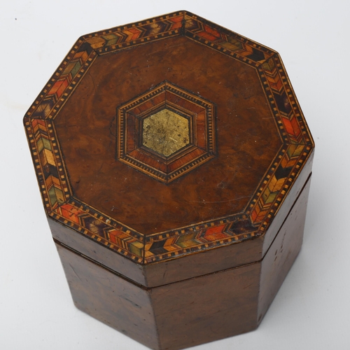 10 - 19th century walnut and parquetry inlaid octagonal tea caddy, with inner lid, width 11cm, height 11c... 