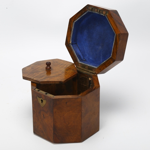 10 - 19th century walnut and parquetry inlaid octagonal tea caddy, with inner lid, width 11cm, height 11c... 